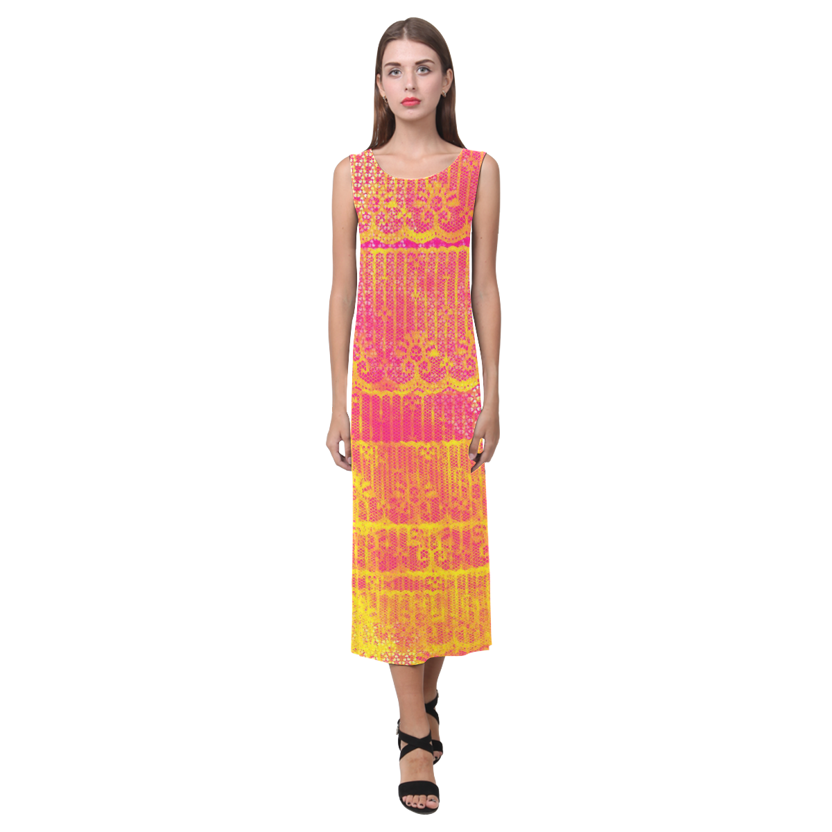 Yellow and Magenta Lace Texture Phaedra Sleeveless Open Fork Long Dress (Model D08)