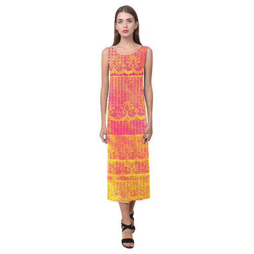 Yellow and Magenta Lace Texture Phaedra Sleeveless Open Fork Long Dress (Model D08)