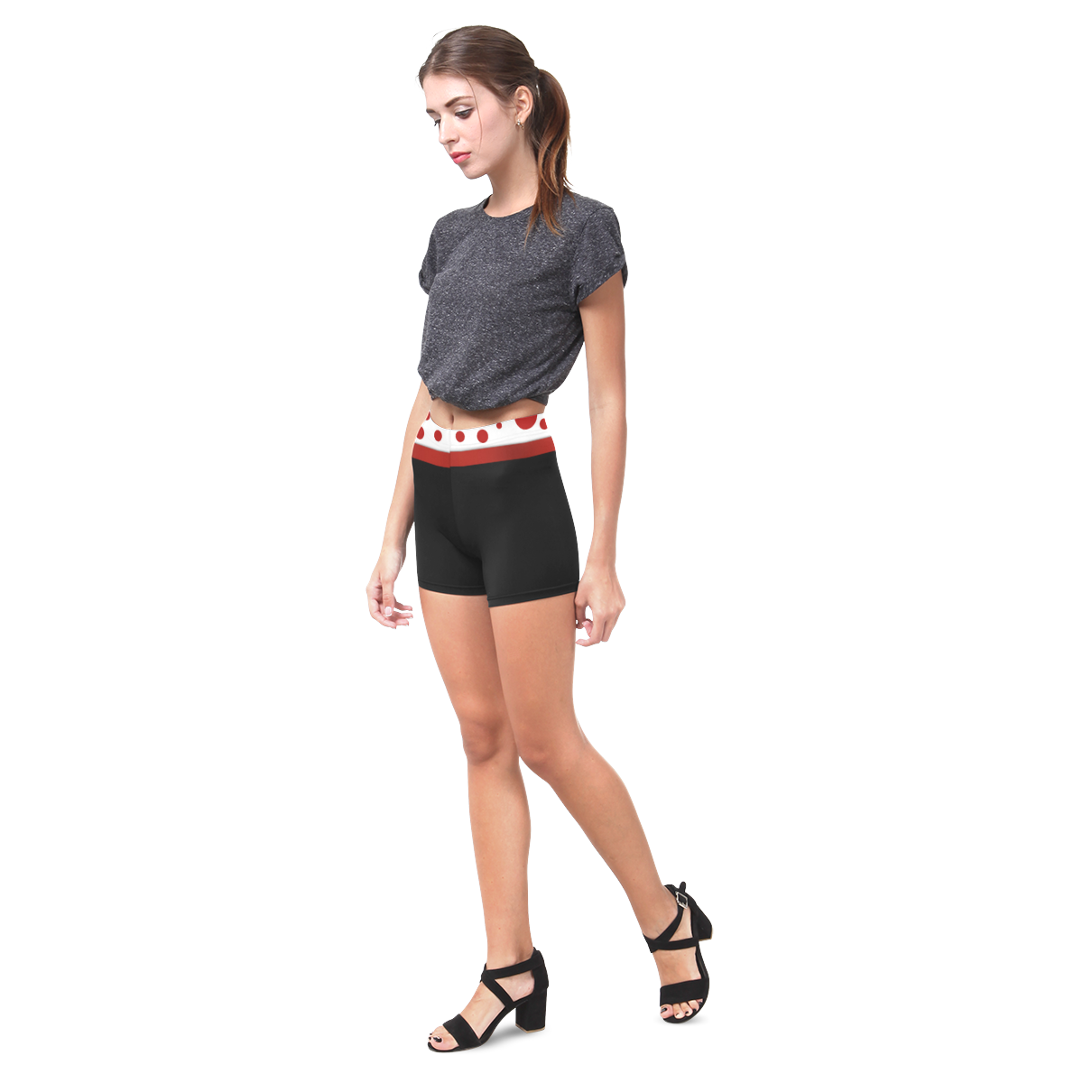 Polka Dots with Red Sash on Black Briseis Skinny Shorts (Model L04)