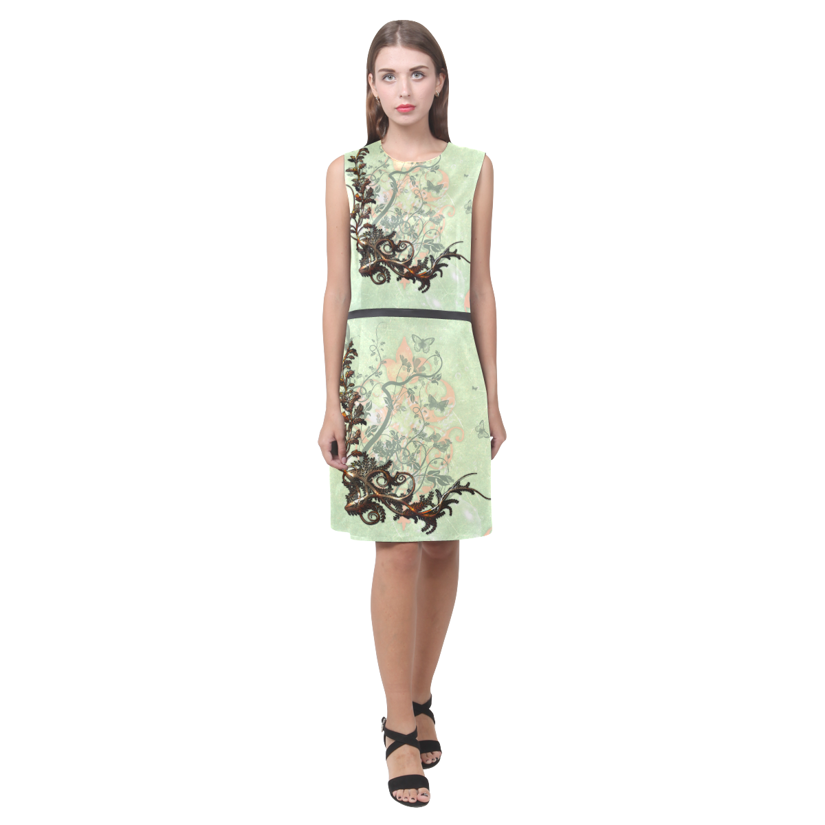 Flower power on soft green background Eos Women's Sleeveless Dress (Model D01)