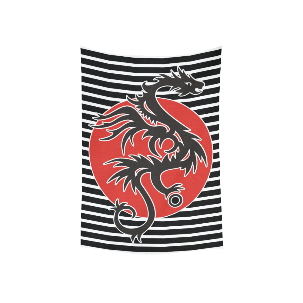 Sun Dragon with Pearl - black Red White Cotton Linen Wall Tapestry 40"x 60"