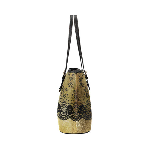 black floral lace on gold backround Leather Tote Bag/Small (Model 1651)