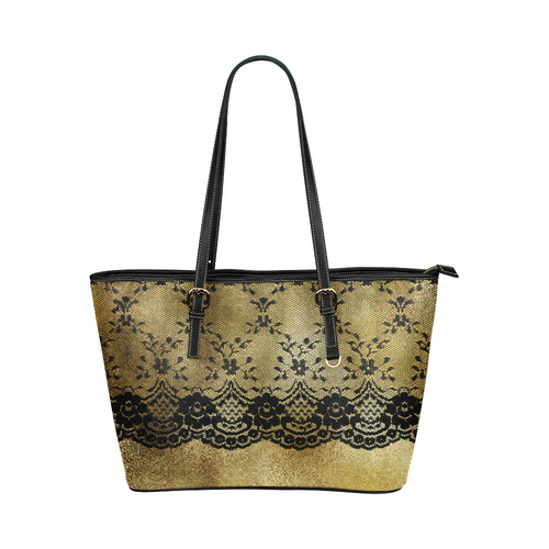 black floral lace on gold backround Leather Tote Bag/Small (Model 1651)