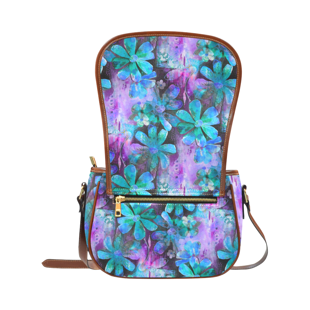 Blue On Purple Vintage Flowers Saddle Bag/Small (Model 1649) Full Customization