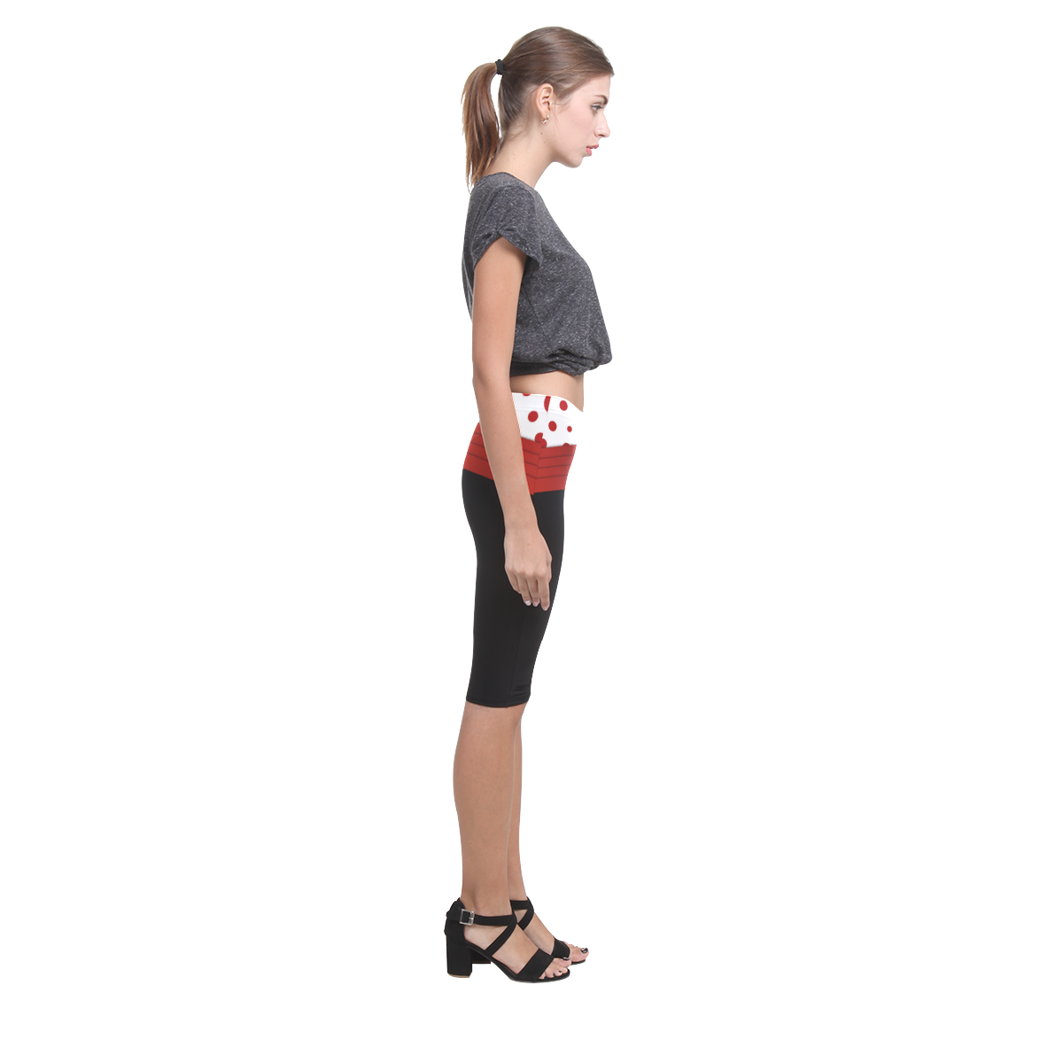 Polka Dots with Red Sash on Black Hestia Cropped Leggings (Model L03)