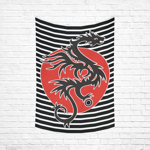 Sun Dragon with Pearl - black Red White Cotton Linen Wall Tapestry 60"x 90"