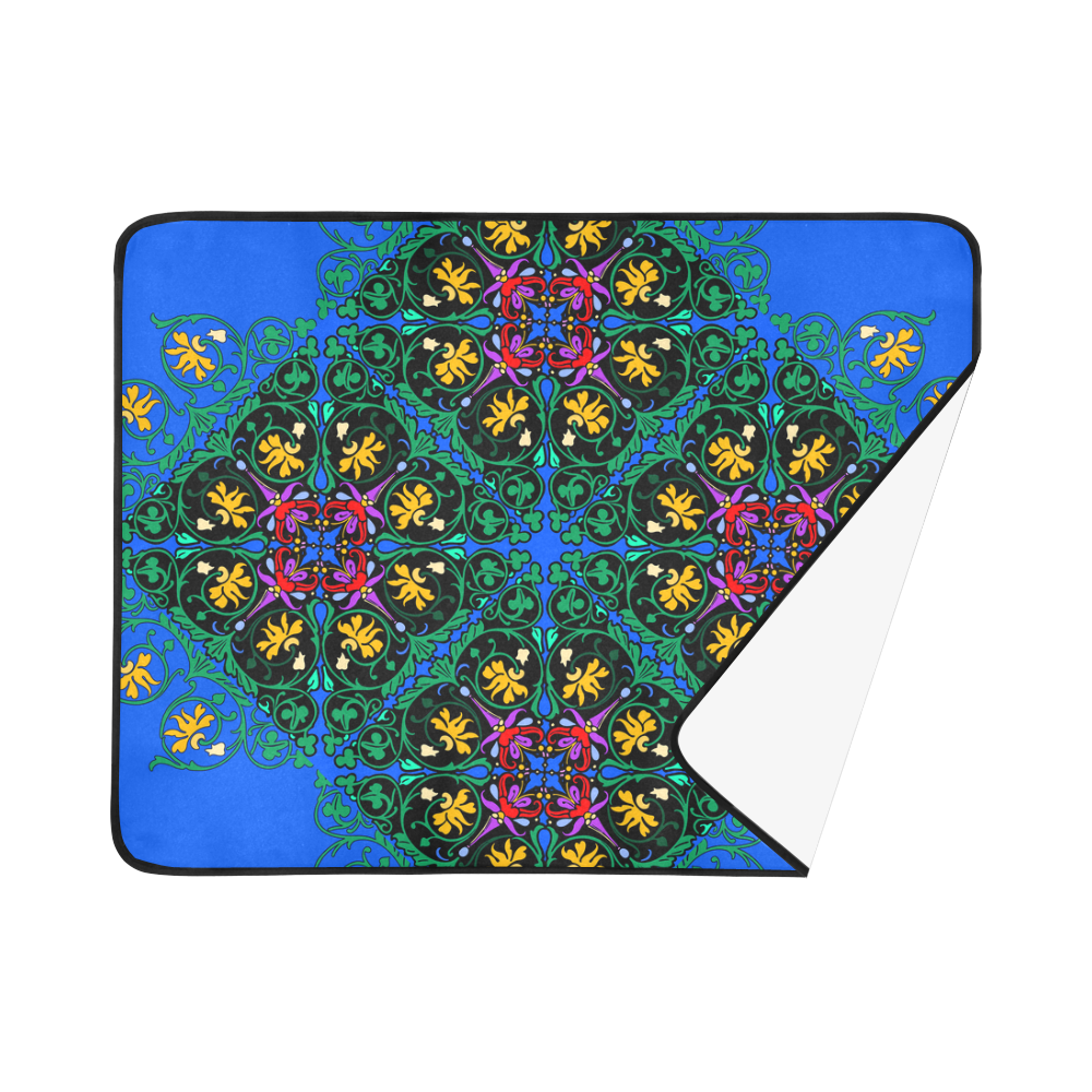 Colorful Floral Diamond Squares on Blue Beach Mat 78"x 60"