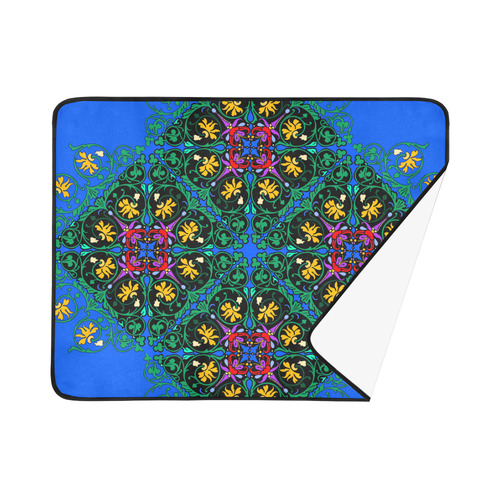 Colorful Floral Diamond Squares on Blue Beach Mat 78"x 60"