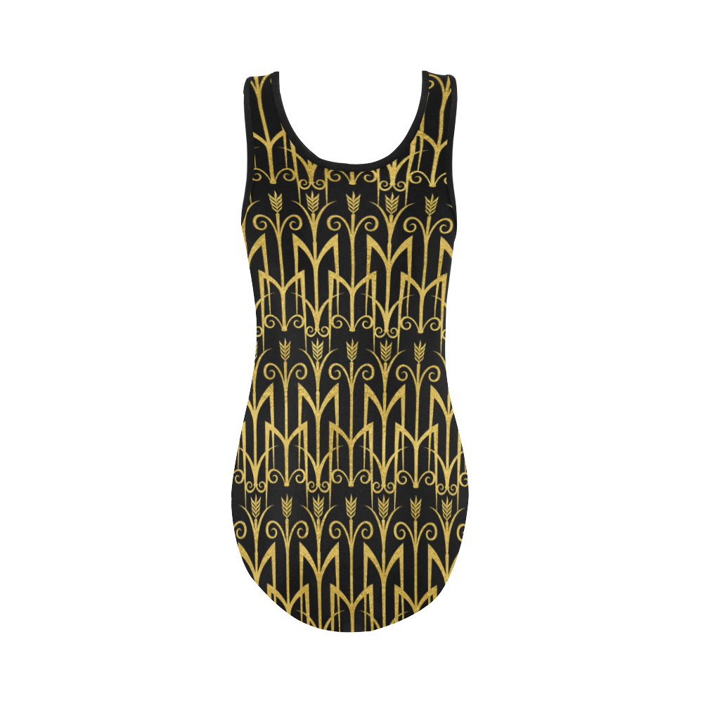 Beautiful Black And Gold Art Deco Pattern Vest One Piece Swimsuit (Model S04)