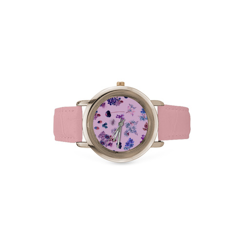 Artistic clock : pink and purple floral edition 60s inspired Collection 2016 Women's Rose Gold Leather Strap Watch(Model 201)