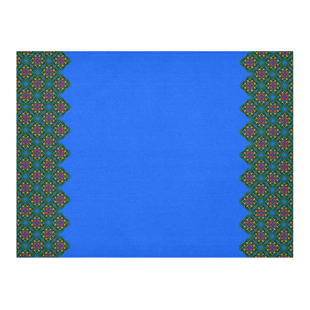 Colorful Floral Diamond Squares on Blue Cotton Linen Tablecloth 52"x 70"