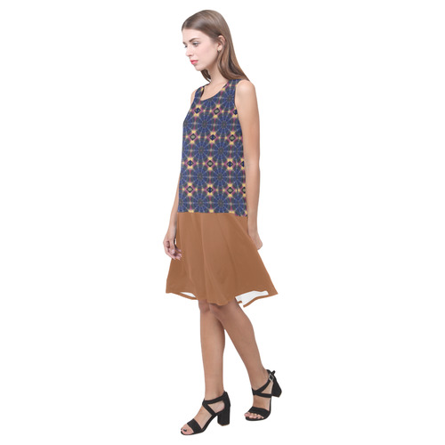 Blue Pinwheels and Adobe Sleeveless Splicing Shift Dress(Model D17)