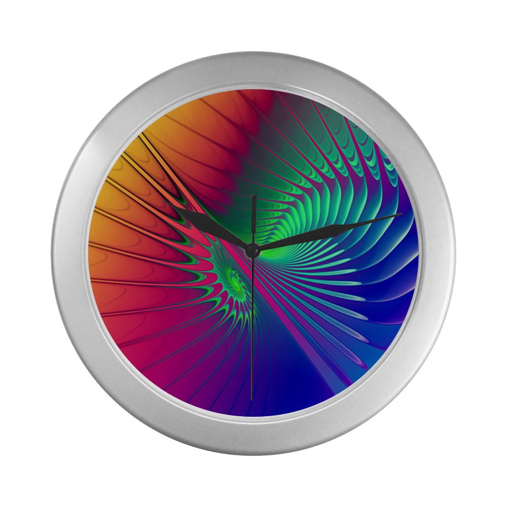 PSYCHEDELIC FRACTAL SPIRAL - Neon Colored Silver Color Wall Clock