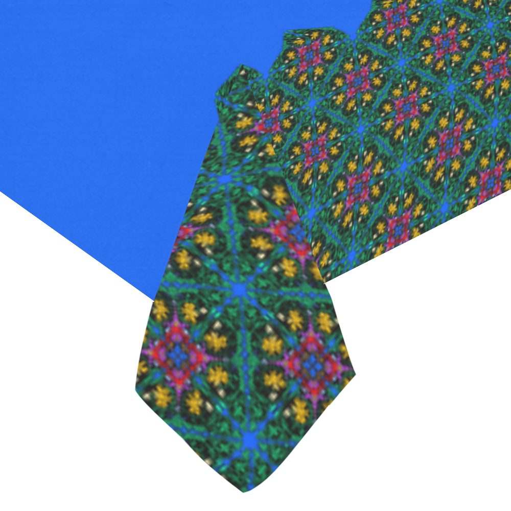 Colorful Floral Diamond Squares on Blue Cotton Linen Tablecloth 60"x120"