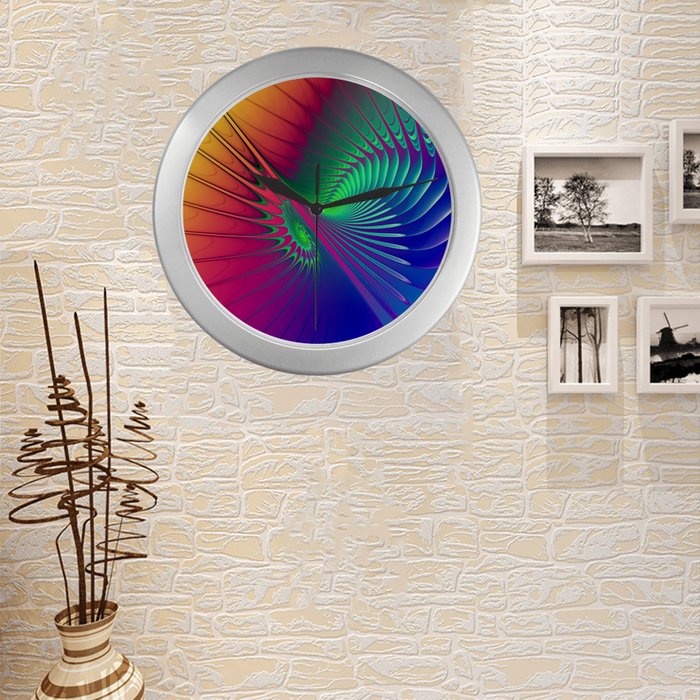 PSYCHEDELIC FRACTAL SPIRAL - Neon Colored Silver Color Wall Clock