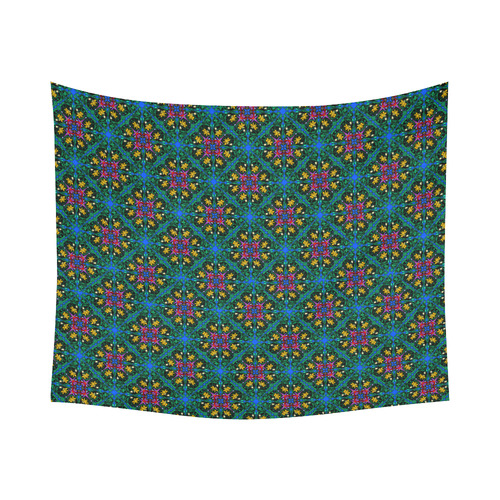 Colorful Floral Diamond Squares on Blue Cotton Linen Wall Tapestry 60"x 51"