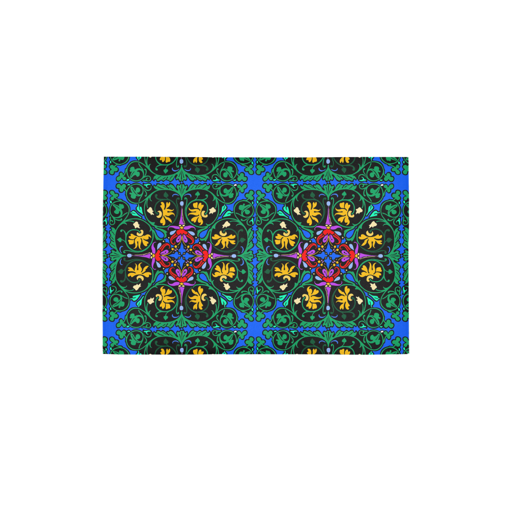 Colorful Floral Diamond Squares on Blue Area Rug 2'7"x 1'8‘’
