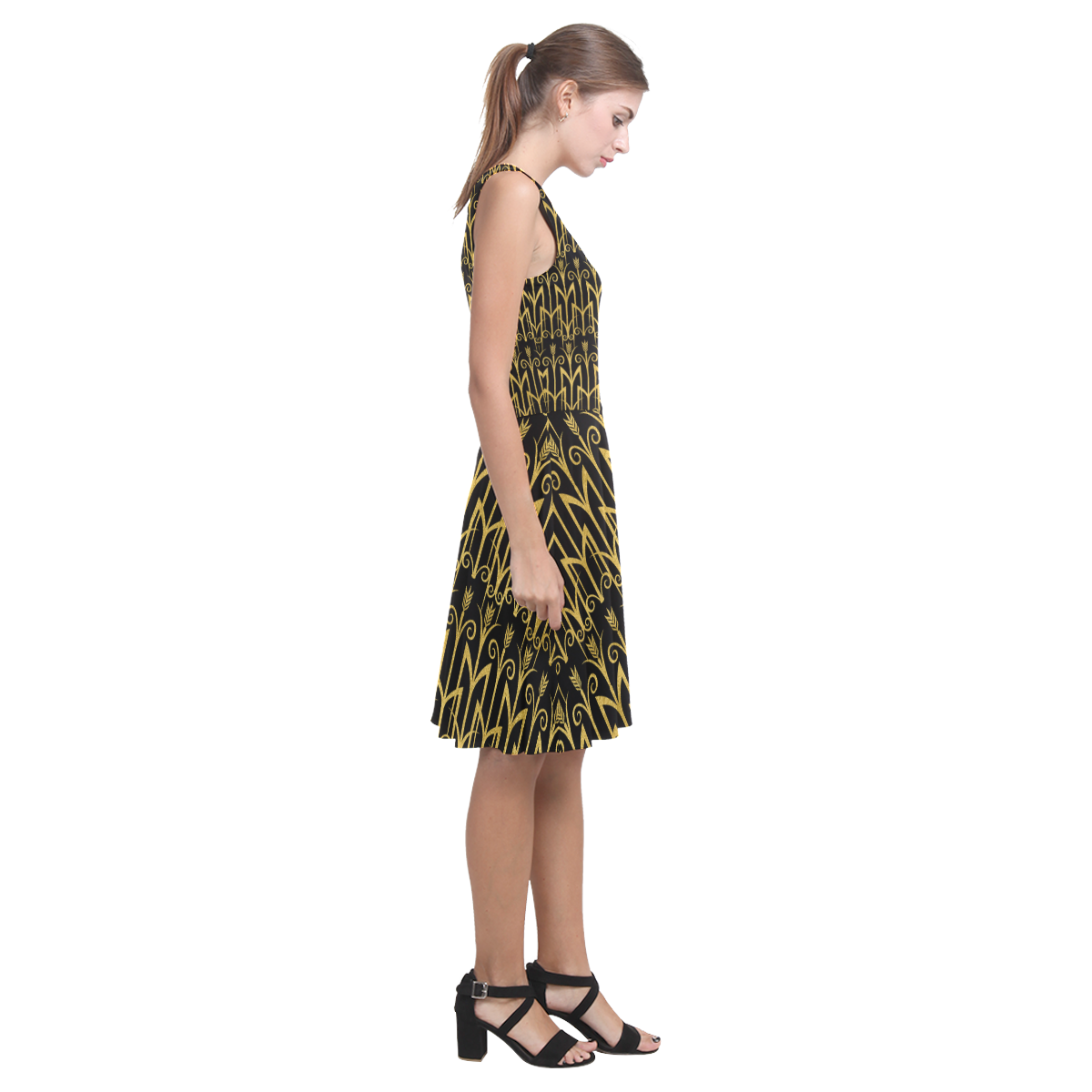 Beautiful Black And Gold Art Deco Pattern Atalanta Casual Sundress(Model D04)