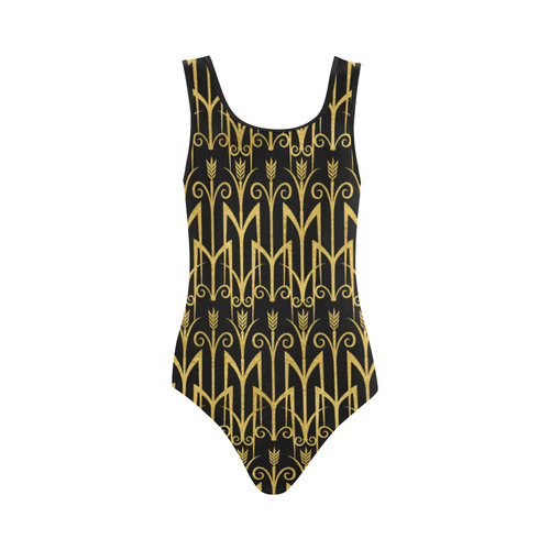 Beautiful Black And Gold Art Deco Pattern Vest One Piece Swimsuit (Model S04)