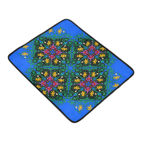 Colorful Floral Diamond Squares on Blue Beach Mat 78"x 60"