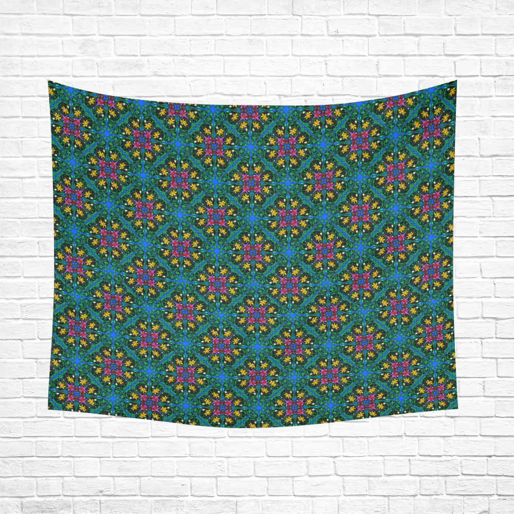 Colorful Floral Diamond Squares on Blue Cotton Linen Wall Tapestry 60"x 51"