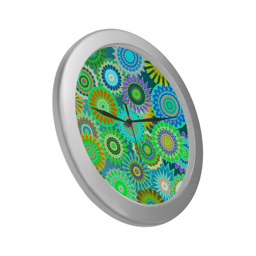 Funky flowers green Silver Color Wall Clock
