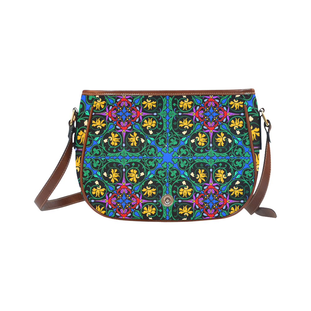 Colorful Floral Diamond Squares on Blue Saddle Bag/Small (Model 1649) Full Customization