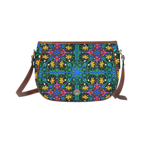 Colorful Floral Diamond Squares on Blue Saddle Bag/Small (Model 1649) Full Customization