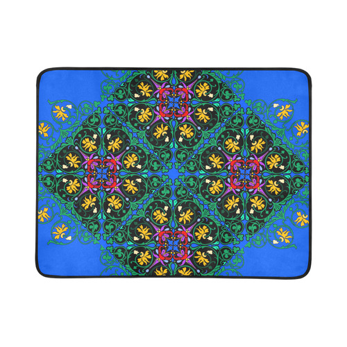 Colorful Floral Diamond Squares on Blue Beach Mat 78"x 60"