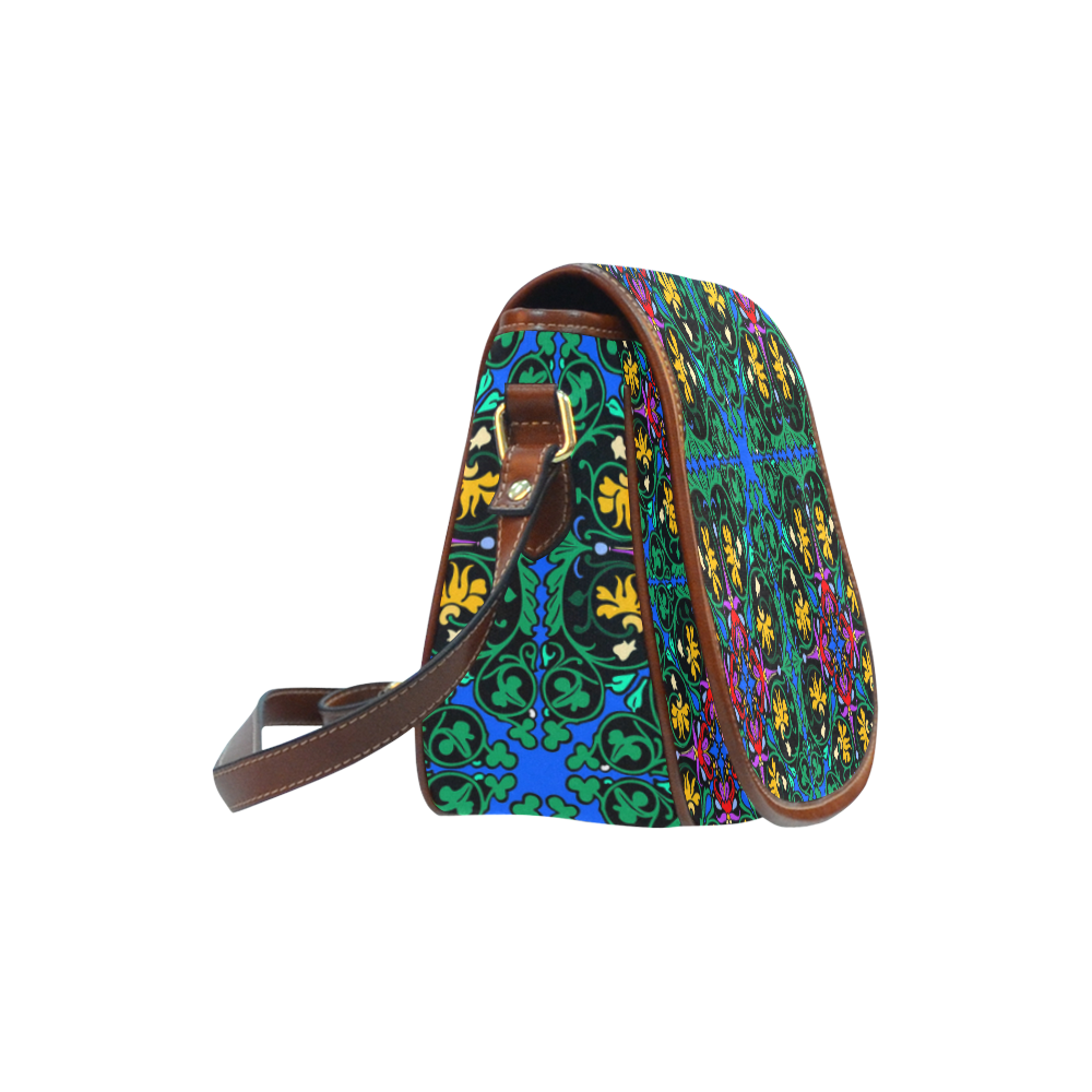 Colorful Floral Diamond Squares on Blue Saddle Bag/Small (Model 1649) Full Customization