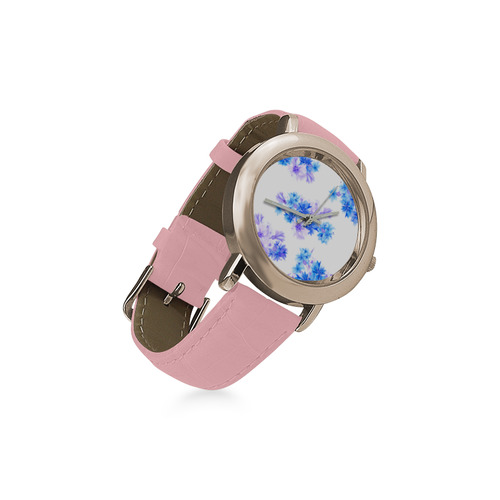 Floral blue artistic Watches : pink and blue floral edition 2016 Women's Rose Gold Leather Strap Watch(Model 201)