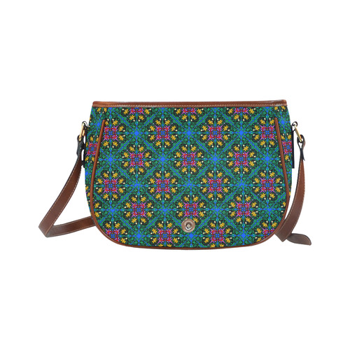 Colorful Floral Diamond Squares on Blue Saddle Bag/Large (Model 1649)