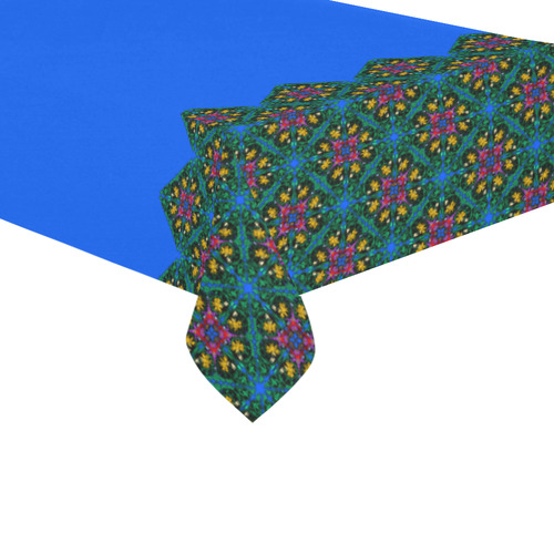 Colorful Floral Diamond Squares on Blue Cotton Linen Tablecloth 60"x120"