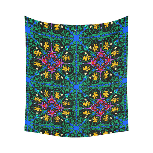 Colorful Floral Diamond Squares on Blue Cotton Linen Wall Tapestry 60"x 51"