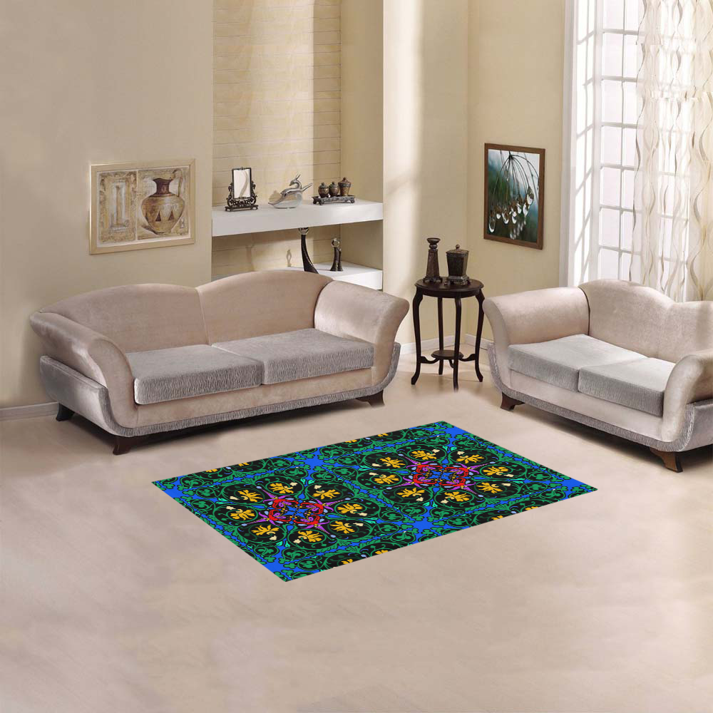 Colorful Floral Diamond Squares on Blue Area Rug 2'7"x 1'8‘’