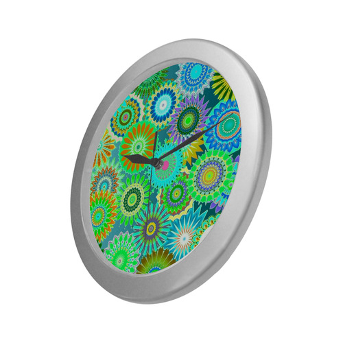 Funky flowers green Silver Color Wall Clock