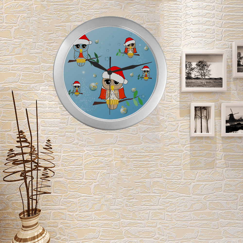 Cute cartoon christmas owls Silver Color Wall Clock