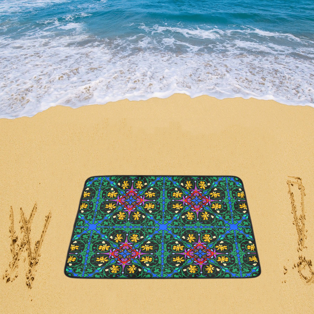 Colorful Floral Diamond Squares on Blue Beach Mat 78"x 60"