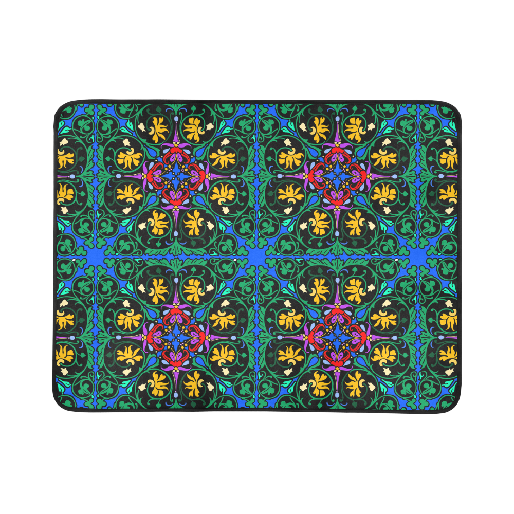 Colorful Floral Diamond Squares on Blue Beach Mat 78"x 60"