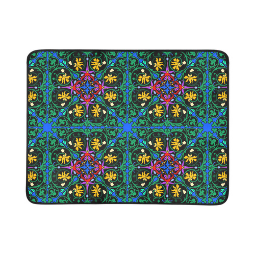 Colorful Floral Diamond Squares on Blue Beach Mat 78"x 60"