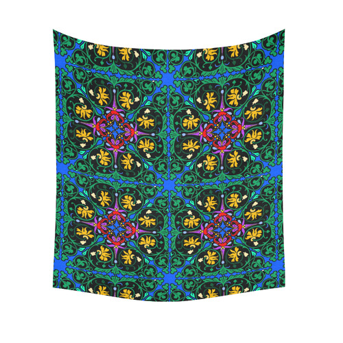 Colorful Floral Diamond Squares on Blue Cotton Linen Wall Tapestry 51"x 60"