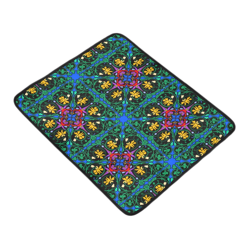Colorful Floral Diamond Squares on Blue Beach Mat 78"x 60"