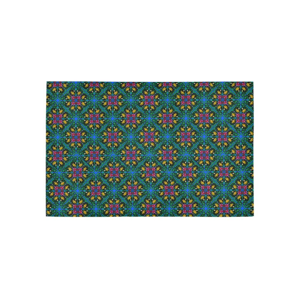 Colorful Floral Diamond Squares on Blue Area Rug 5'x3'3''
