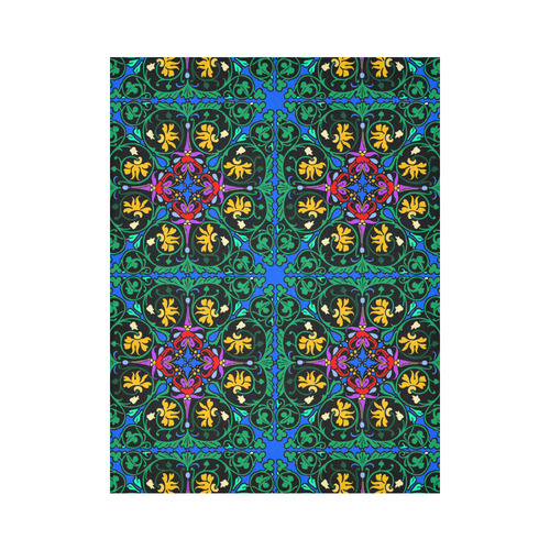 Colorful Floral Diamond Squares on Blue Cotton Linen Wall Tapestry 60"x 80"