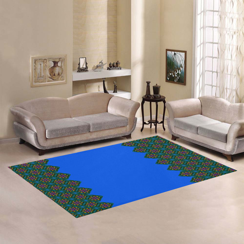 Colorful Floral Diamond Squares on Blue Area Rug7'x5'