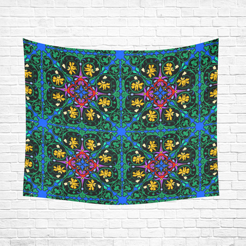 Colorful Floral Diamond Squares on Blue Cotton Linen Wall Tapestry 60"x 51"