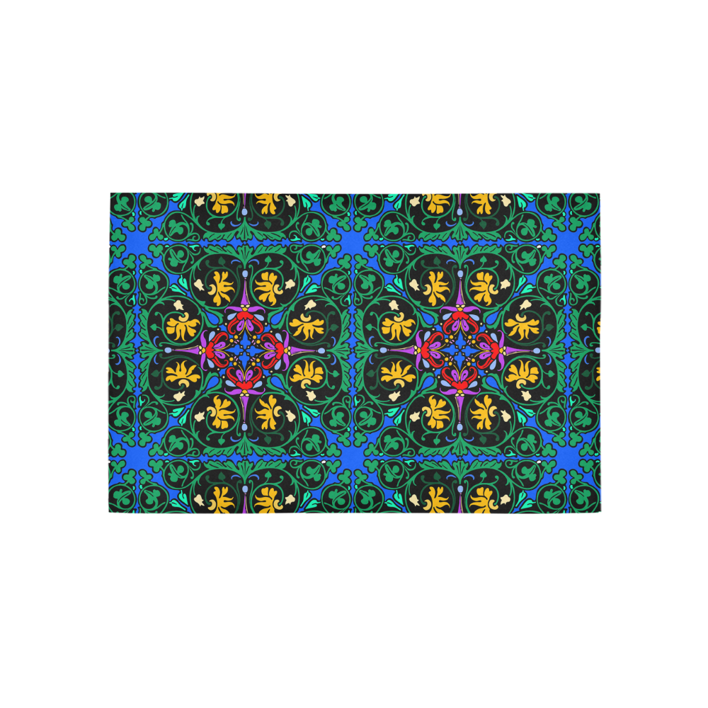 Colorful Floral Diamond Squares on Blue Area Rug 5'x3'3''