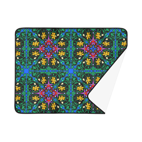 Colorful Floral Diamond Squares on Blue Beach Mat 78"x 60"