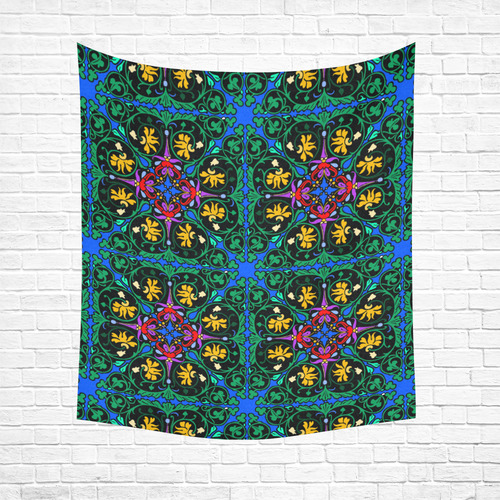 Colorful Floral Diamond Squares on Blue Cotton Linen Wall Tapestry 51"x 60"