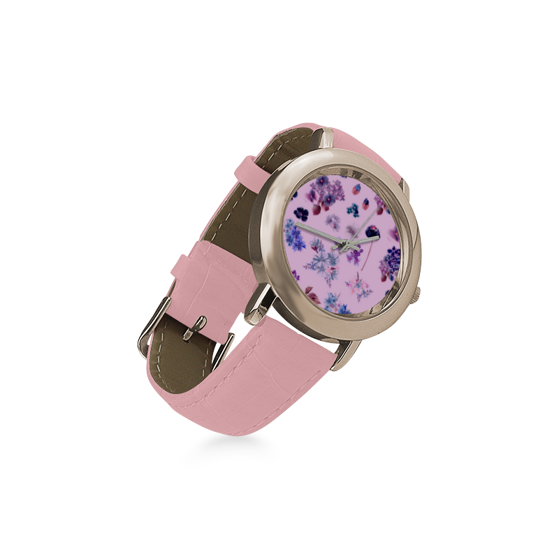 Artistic clock : pink and purple floral edition 60s inspired Collection 2016 Women's Rose Gold Leather Strap Watch(Model 201)